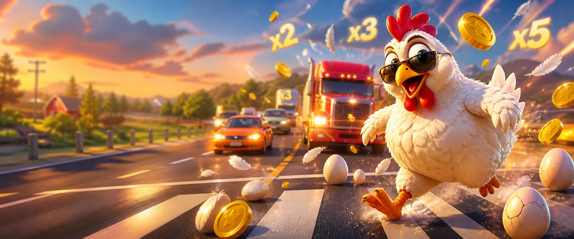 Hero banner for Chicken Road game featuring a confident chicken navigating a multi-lane road filled with traffic, coins, and 