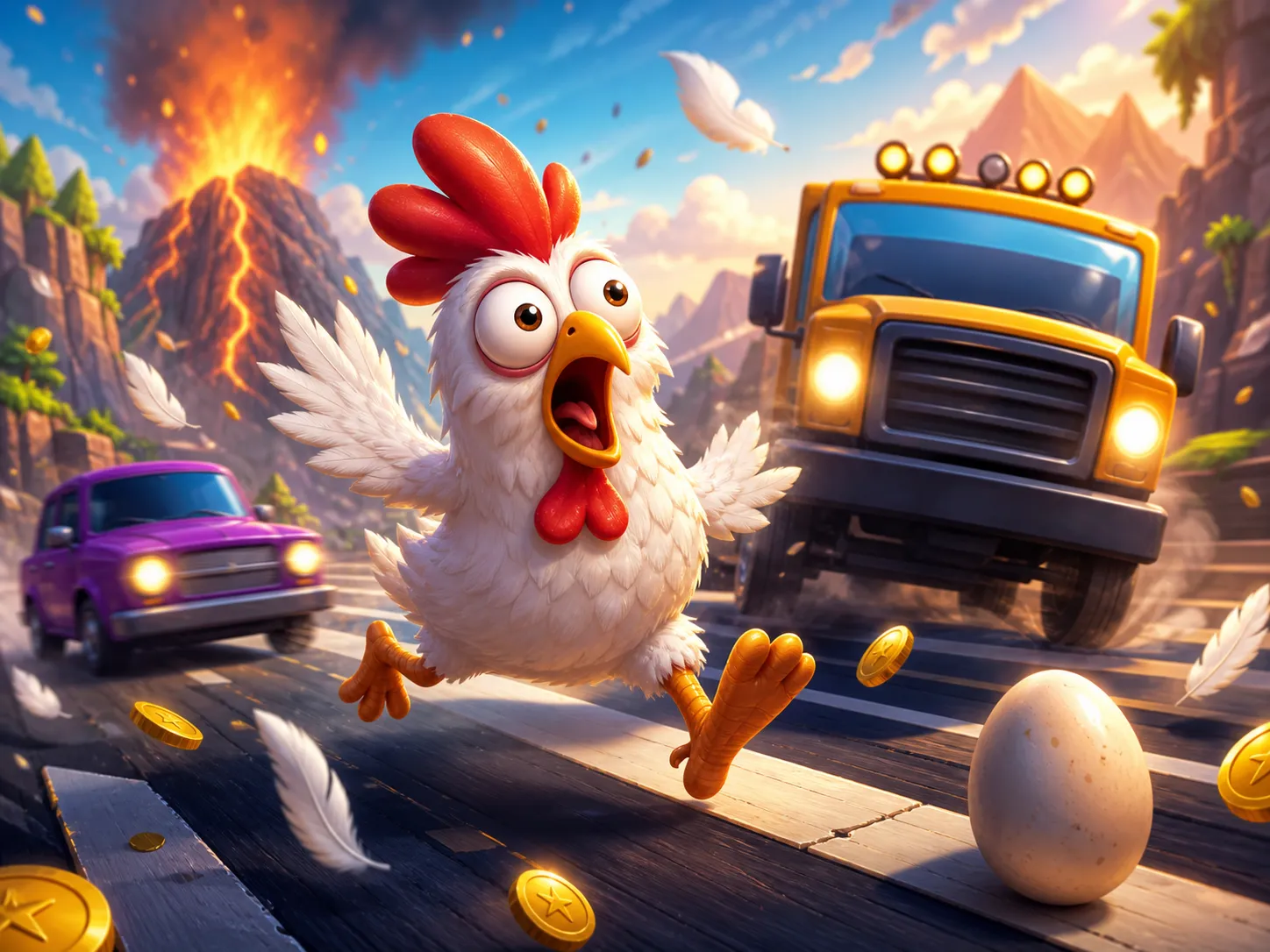 Chicken Road slot game artwork featuring a cheerful chicken crossing a busy road, surrounded by traffic and playful symbols.