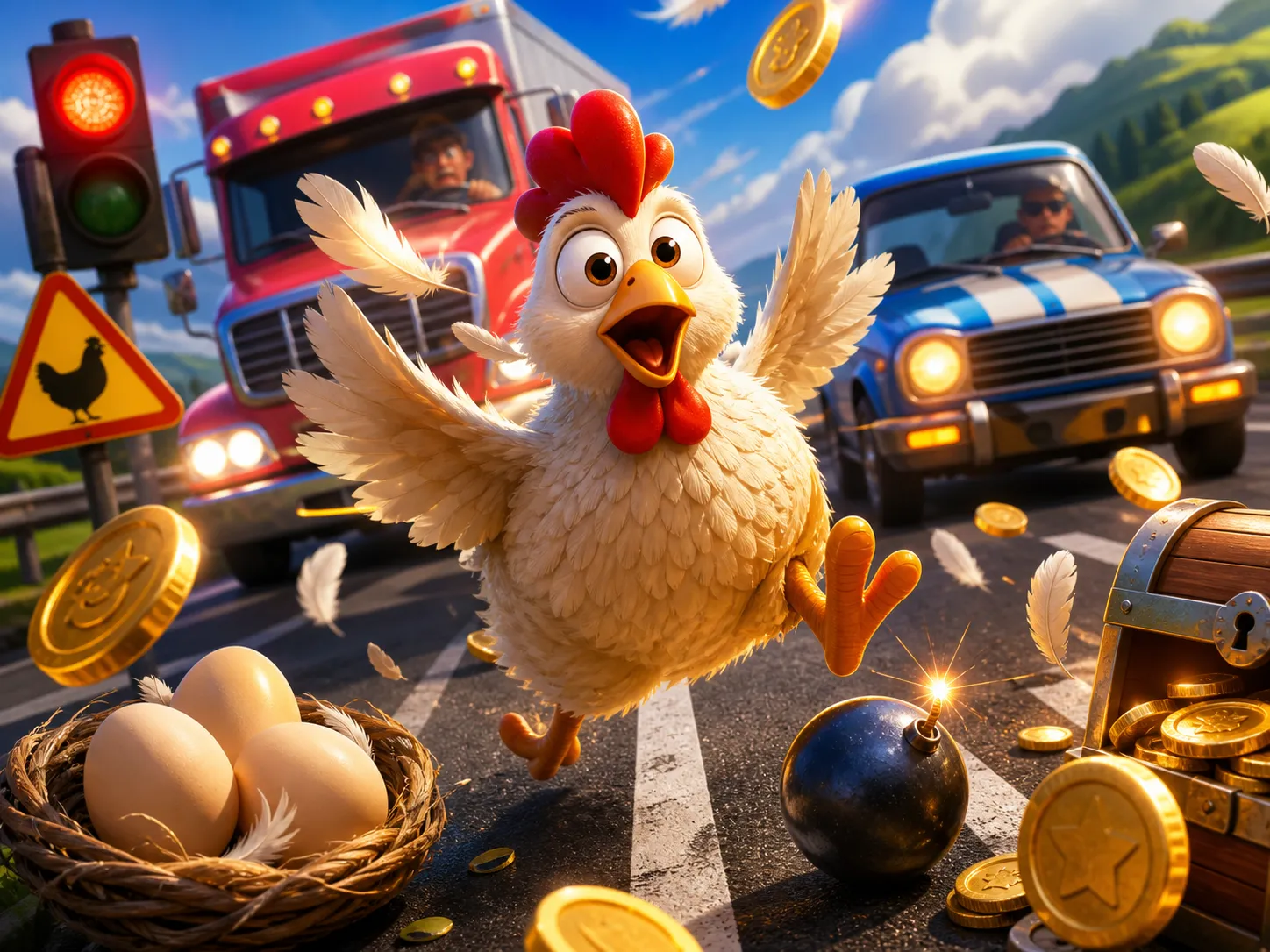 A playful chicken character dodging traffic on a bustling road, with feathers and eggs scattered around, set in an energetic 