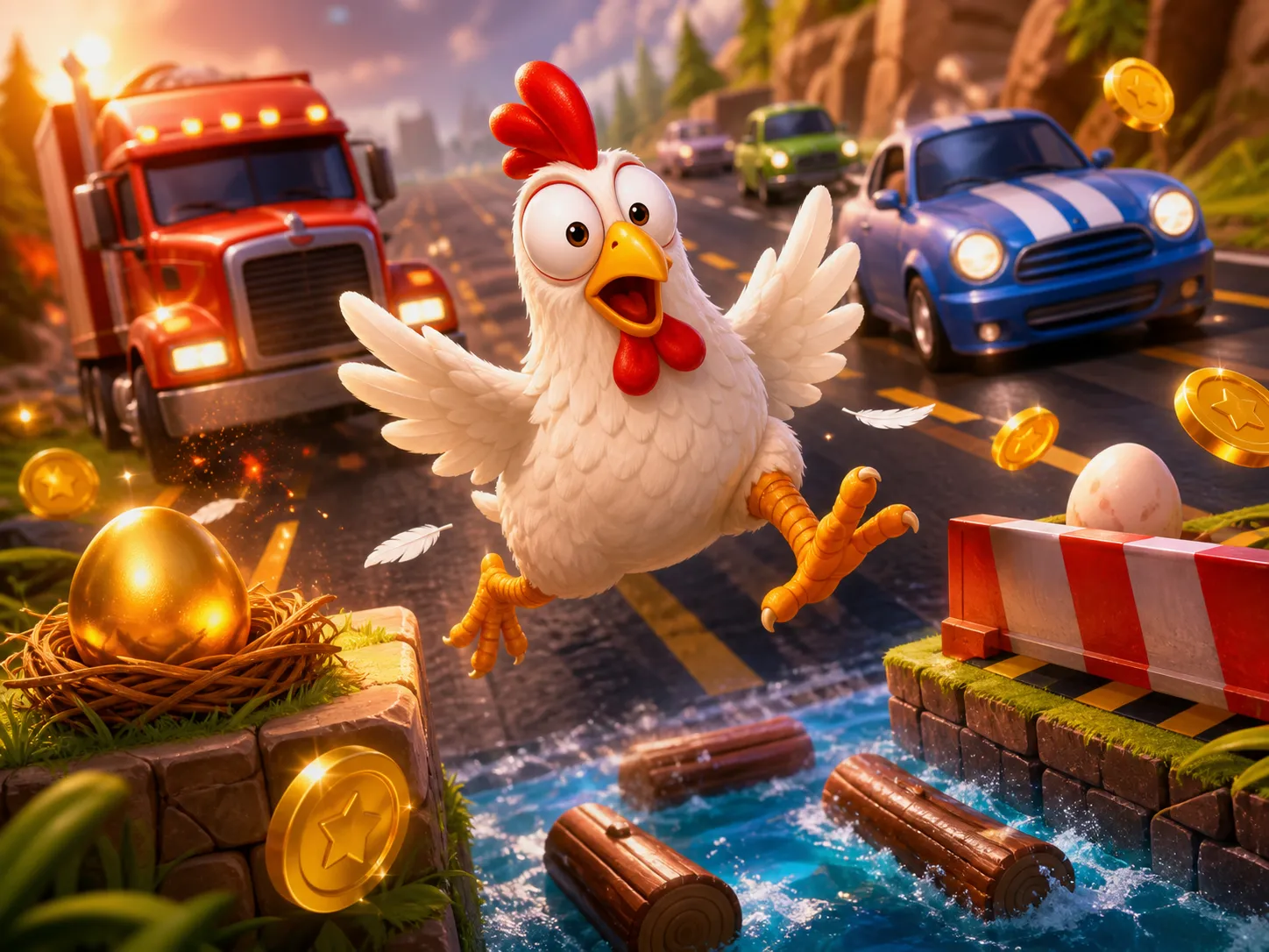 Funny chicken crossing road with traffic lane, feathers, and playful danger in slot game theme.