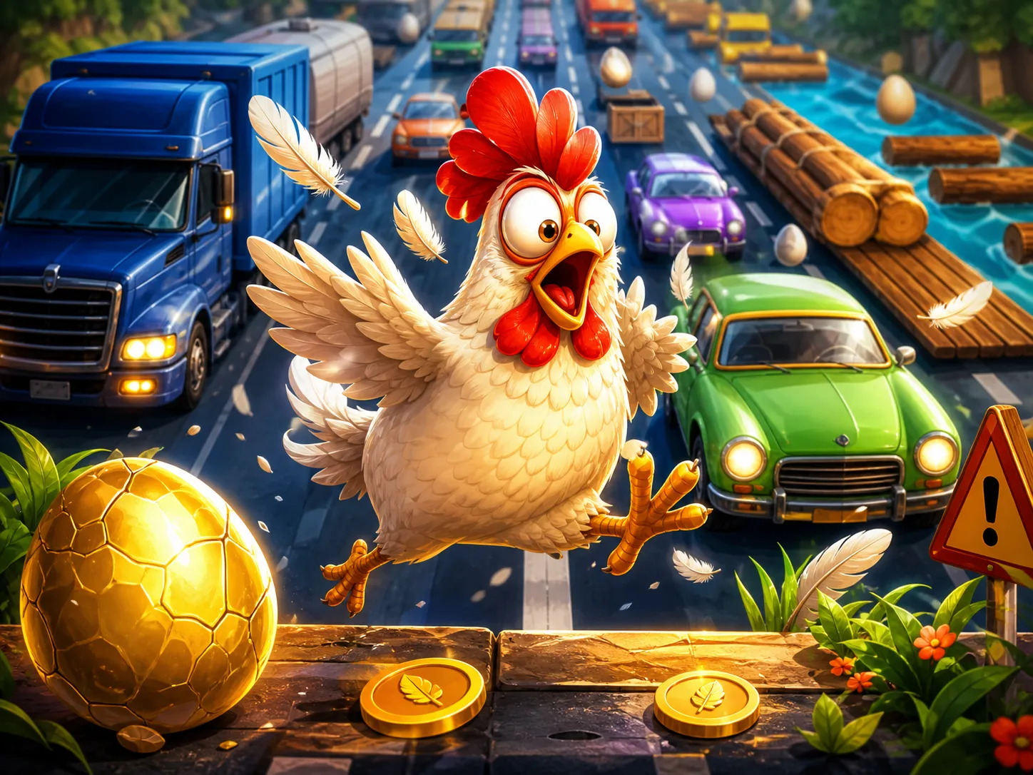 Funny chicken character crossing a road with traffic lanes, feathers, and eggs in a playful, energetic slot game scene.